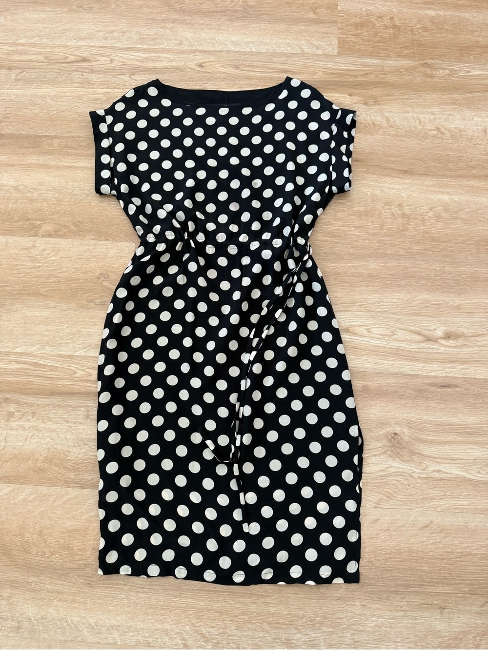 Silk Polka Dot Tie-Waist Midi Dress in Black and White